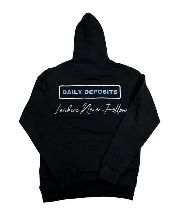 Black hoodie with text on the back on a white background