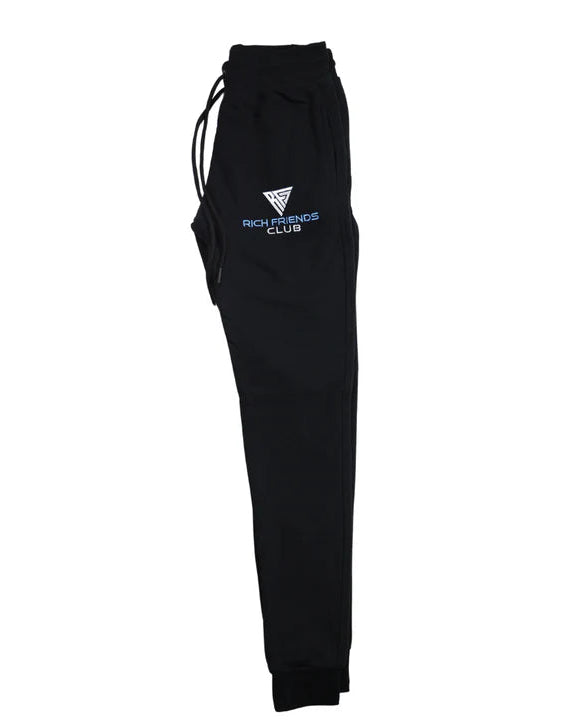 Black sweatpants with 'Rich Friends Club' logo on a white background