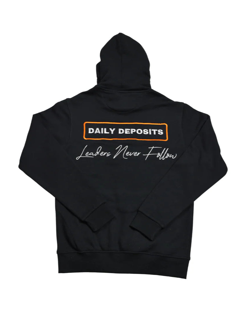 Black hoodie with text on the back on a white background