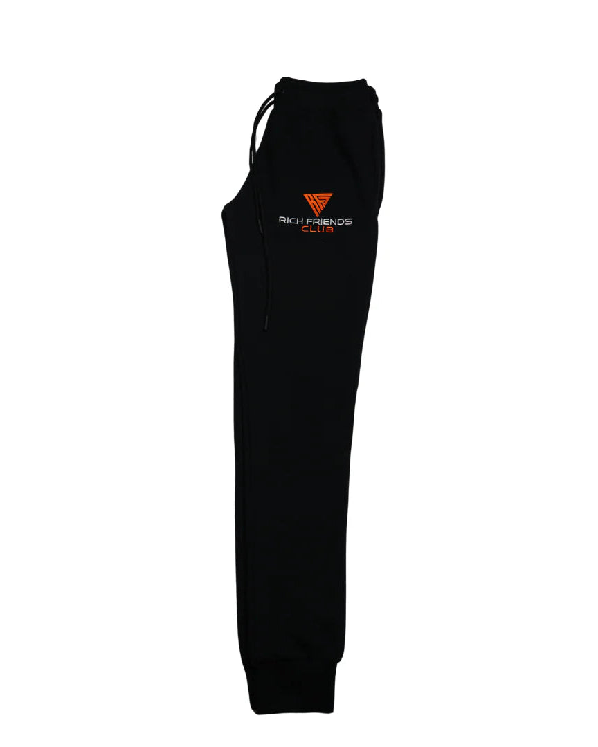 Black sweatpants with 'Rich Friends Club' logo on a white background
