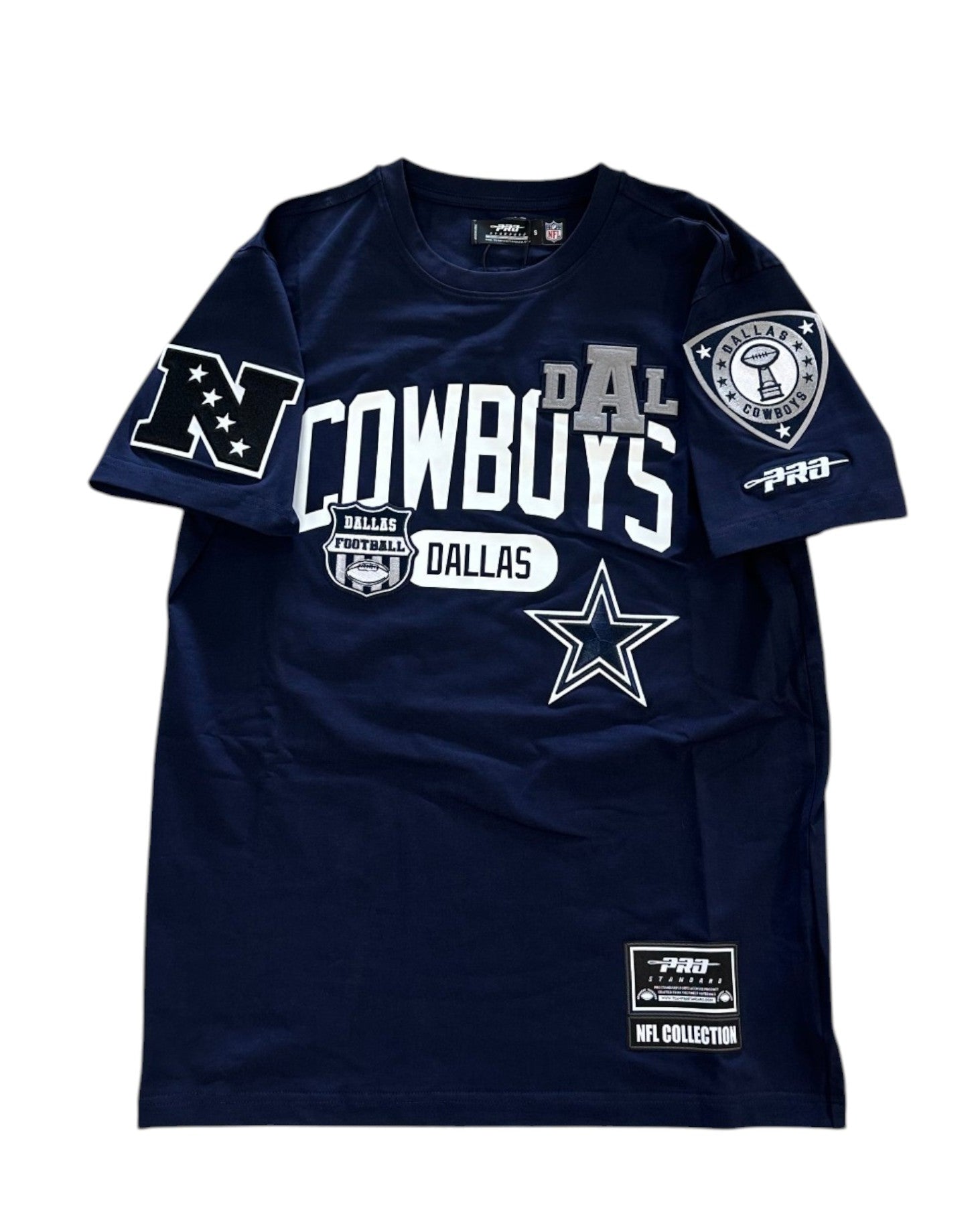 Navy blue t-shirt with Dallas Cowboys graphics and text on a white background