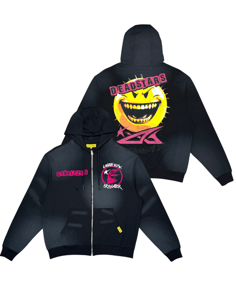 Black hoodie with colorful graphic design on a white background