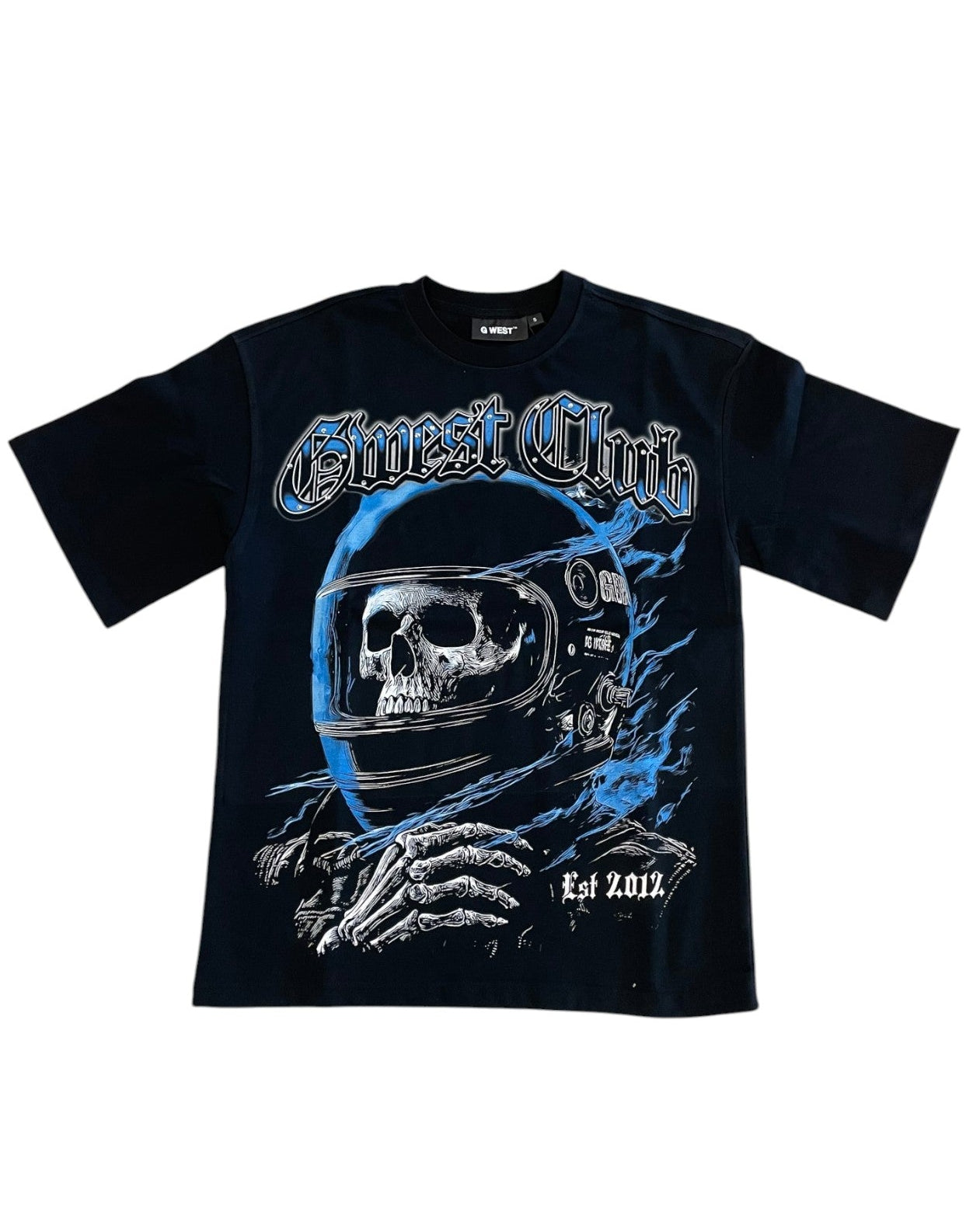 Black t-shirt with a graphic design of a skull in a helmet and text on a white background