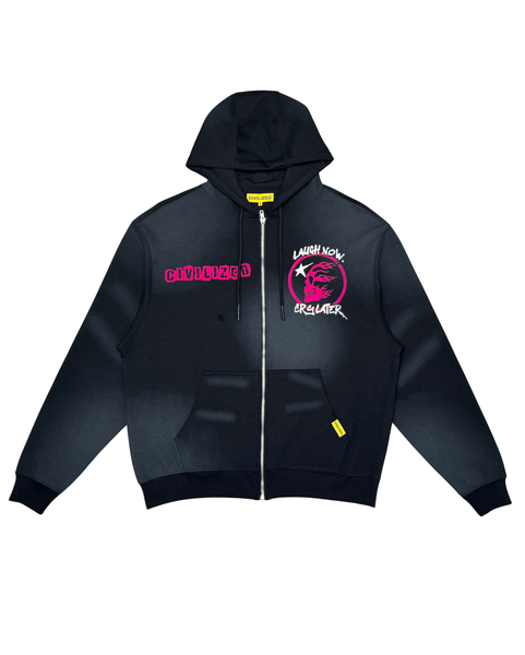Black hoodie with pink and white text and graphics on a white background