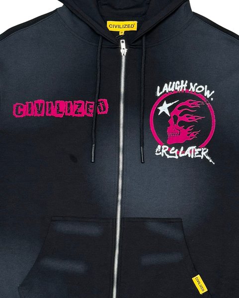 Black hoodie with 'Civilized' text and graphic design on a white background