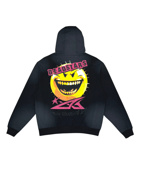 Black hoodie with a colorful graphic design on the back against a white background
