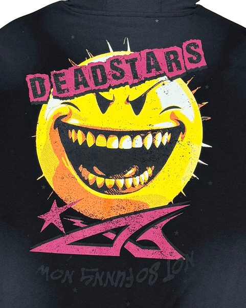Black hoodie with a yellow smiley face graphic and 'DEADSTARS' text on the back.