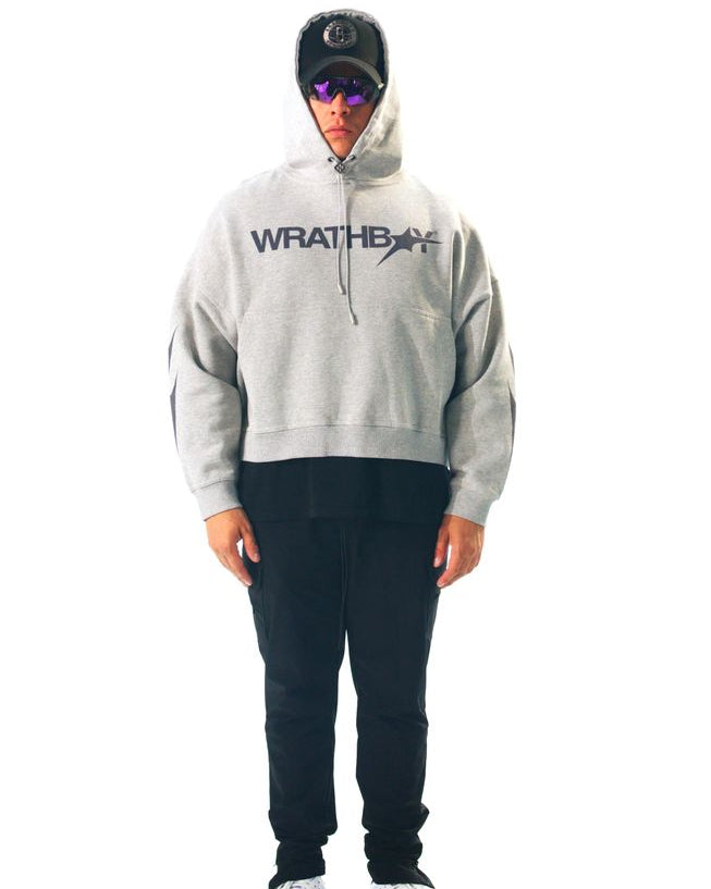 Person wearing a gray hoodie with 'WRATH' branding on a white background
