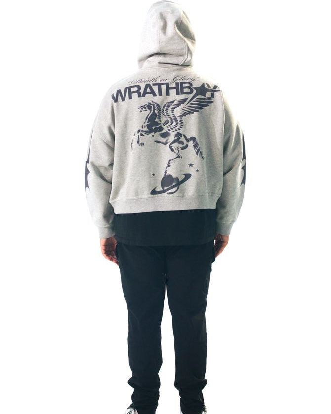 Person wearing a hoodie with 'WrathBA' branding on the back, standing against a white background