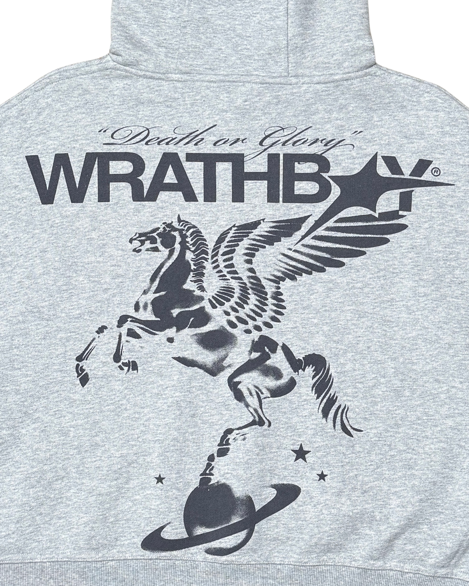 Gray hoodie with a black graphic design of a winged horse and 'WRATHB' text on the back.