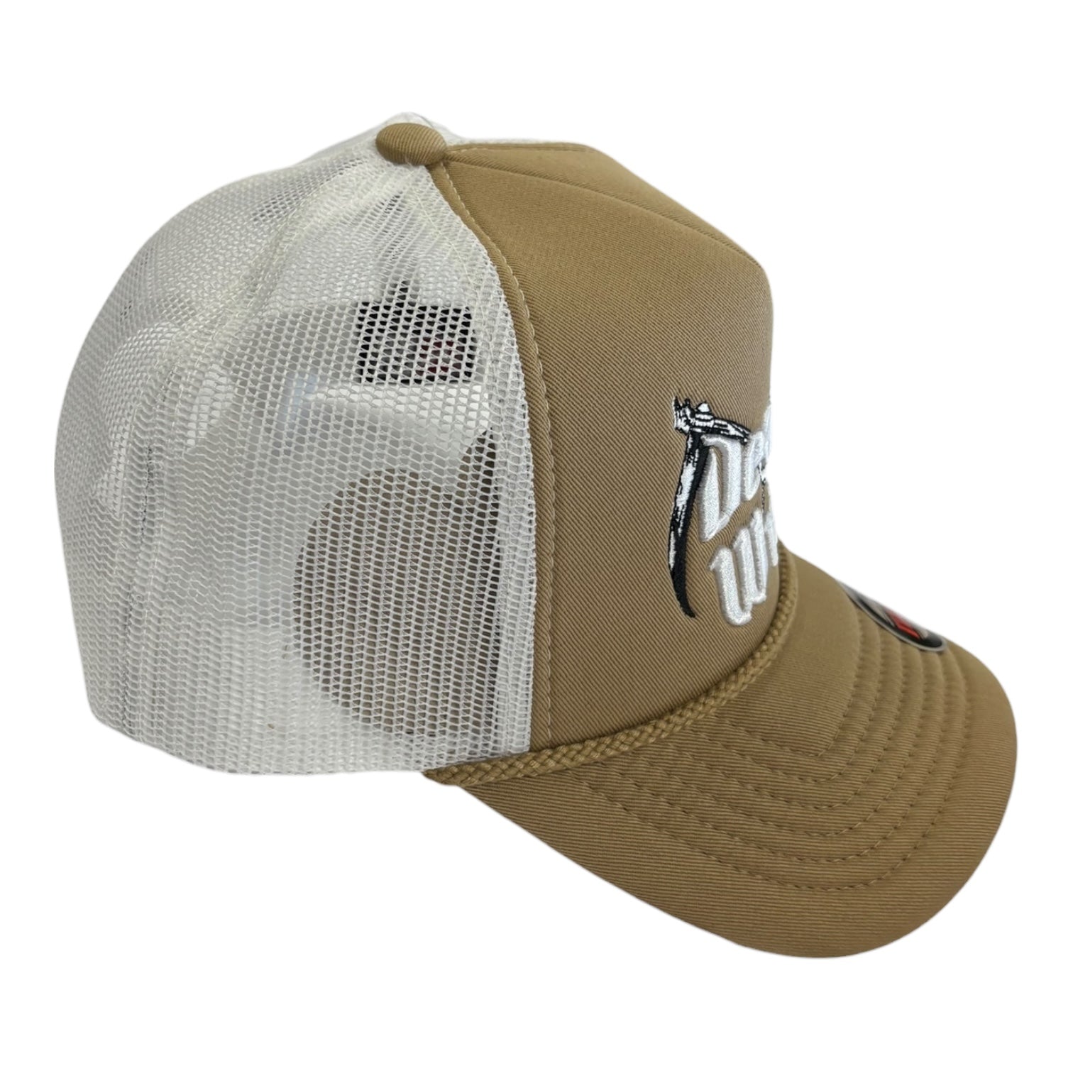 Brown and beige trucker cap with mesh back on a white background