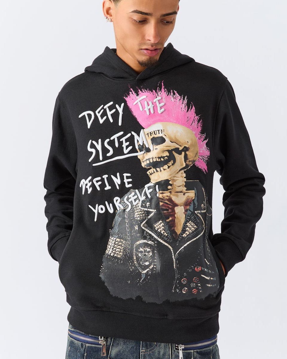 Black hoodie with a skeleton design and text on a plain background
