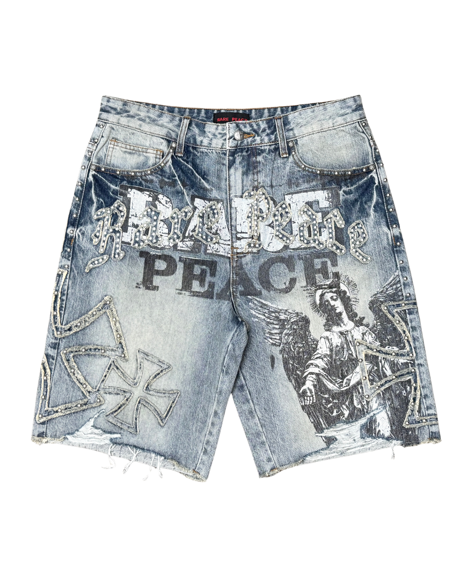 Denim shorts with graphic designs and text on a white background