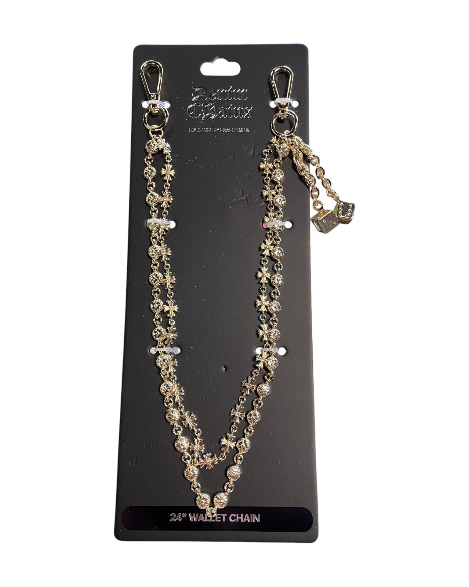 Decorative wallet chain on a black card with brand name.