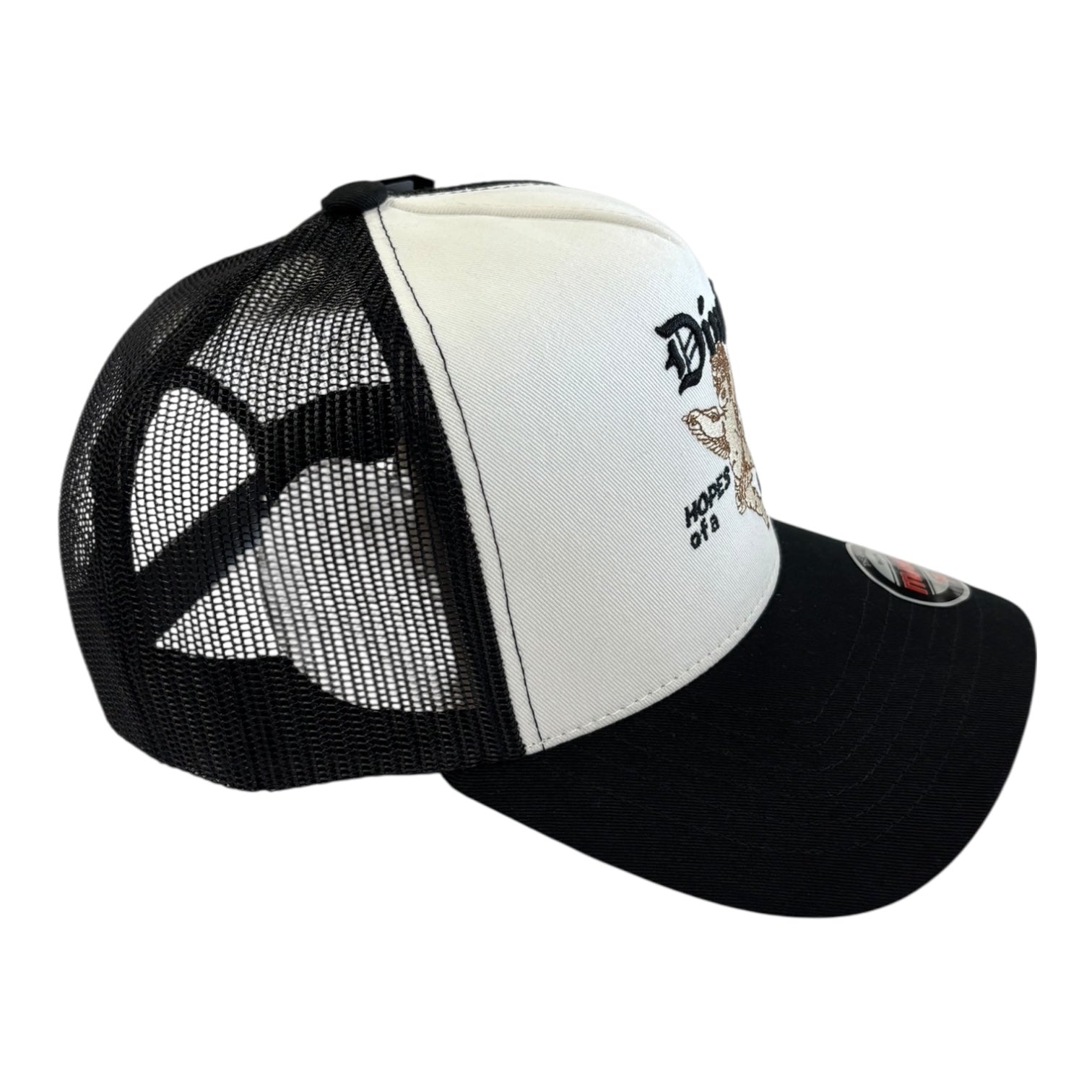 Black and white cap with mesh back on a white background