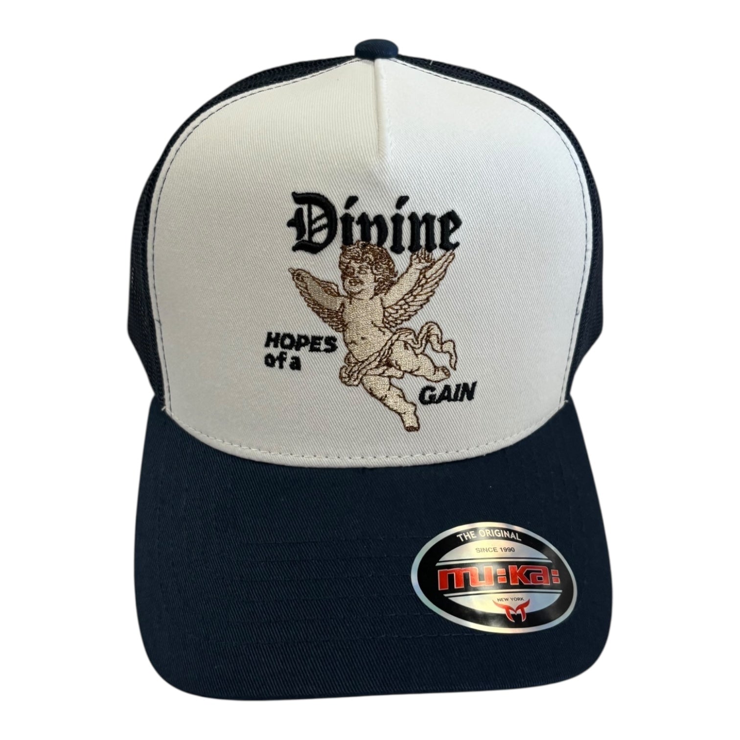NAVY and white cap with angel graphic and text on a white background
