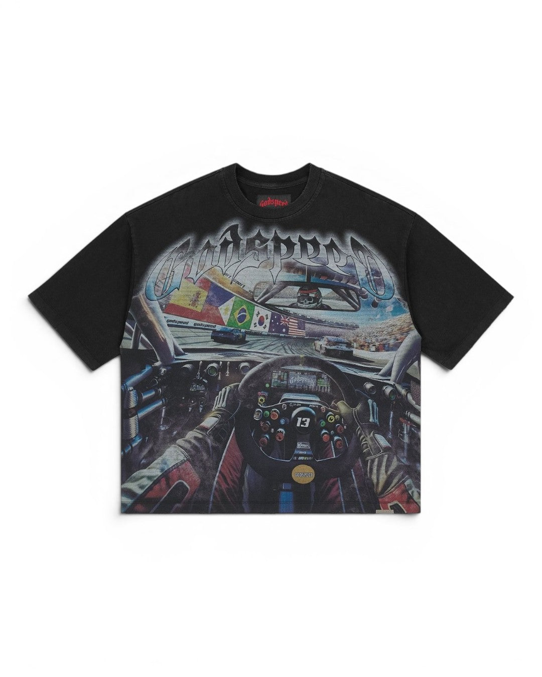 Black t-shirt with a detailed graphic of a race car interior on a white background