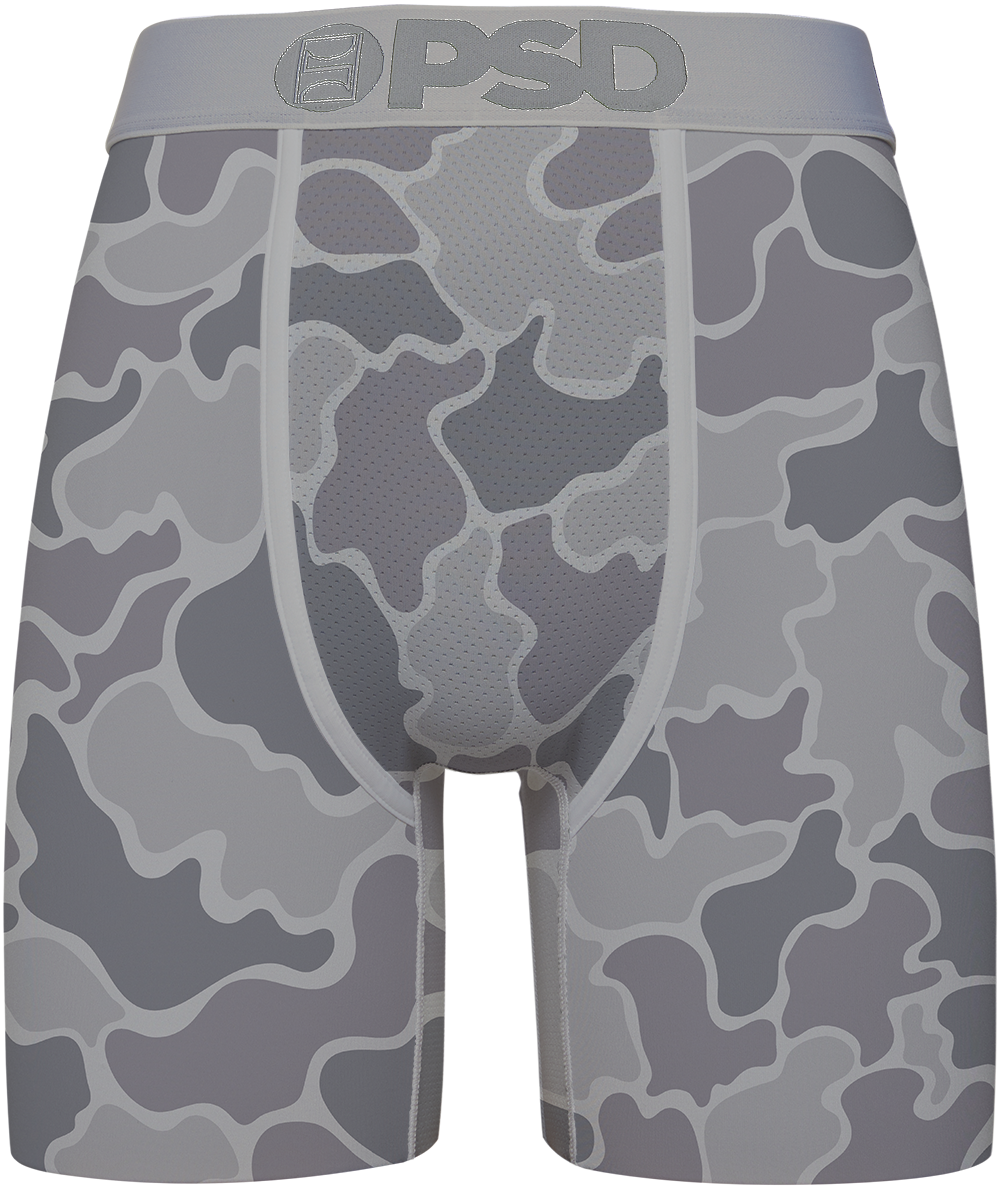 Gray camouflage-patterned underwear with 'PSD' branding on a white background