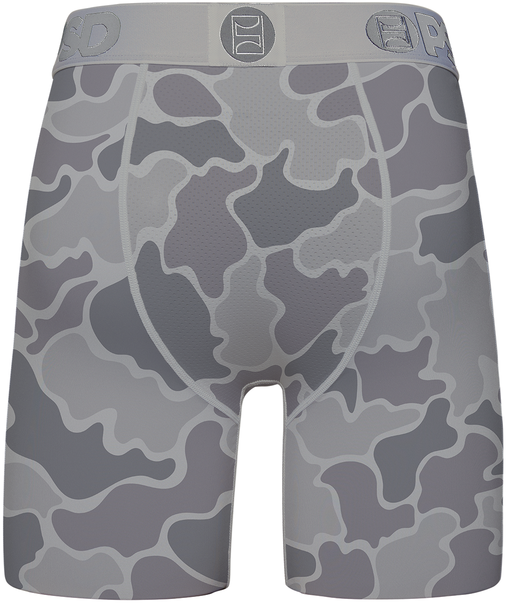 Gray camouflage patterned boxer briefs on a white background