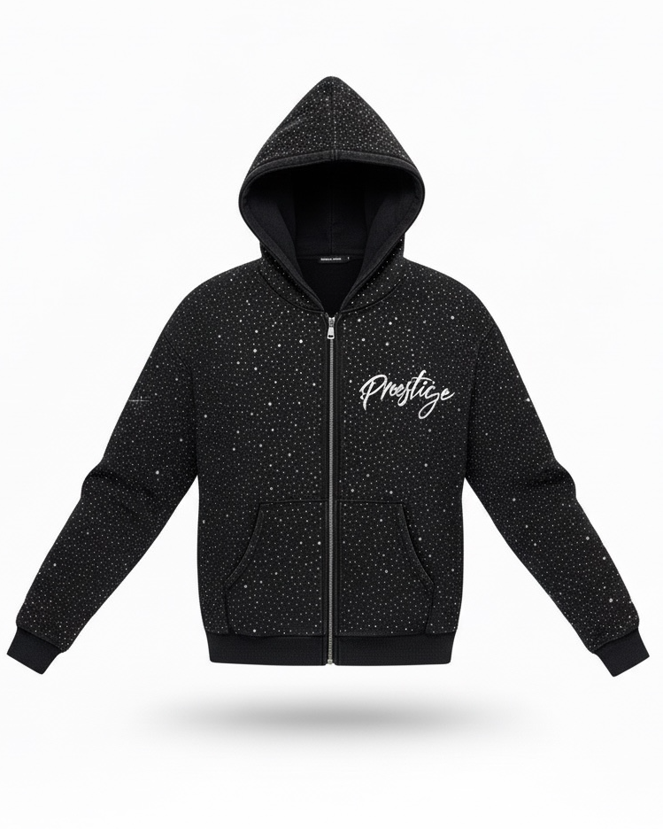 all black hoodie with white texts and covered in rhinestones.