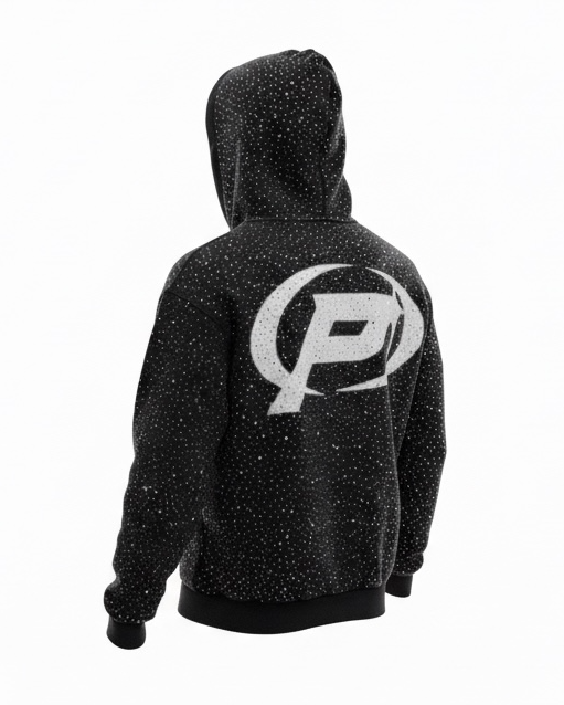 Black hoodie with a logo on the back against a white background