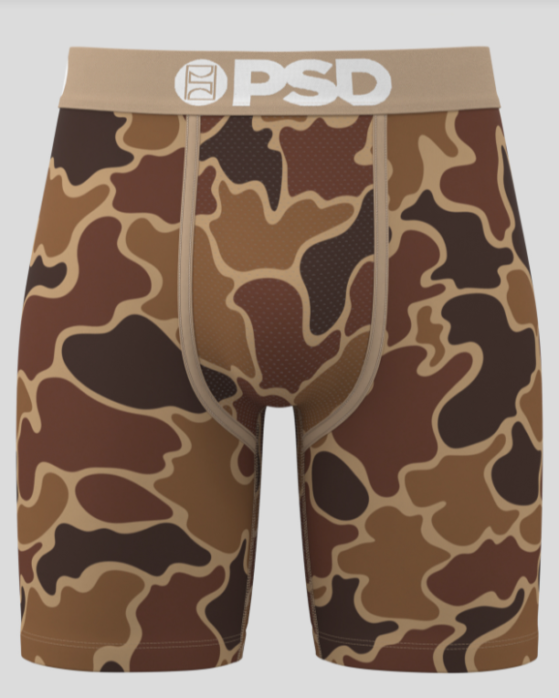 Camouflage-patterned underwear with 'PSD' branding on a light gray background