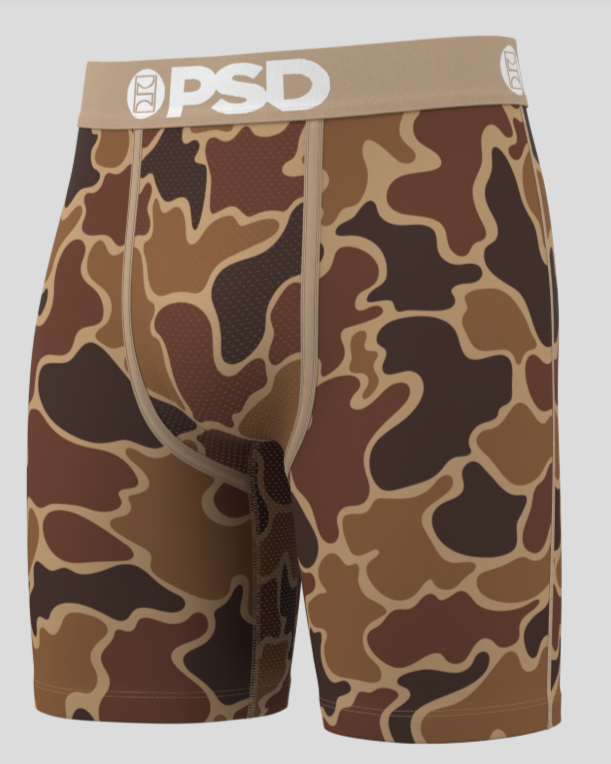Camouflage-patterned briefs with a beige waistband featuring 'PSD' branding on a white background.