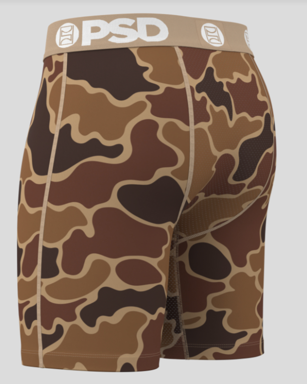 Camouflage-patterned underwear with a visible brand logo on a gray background