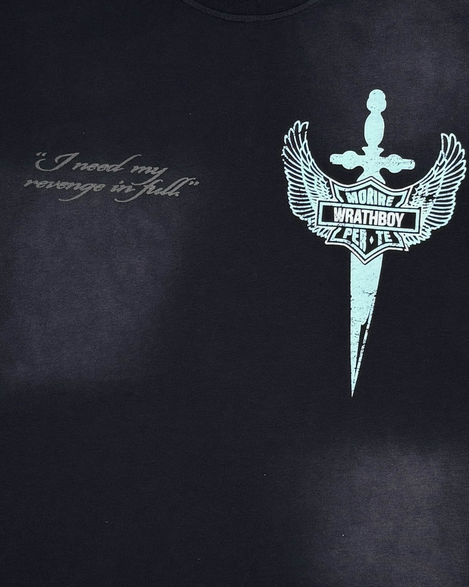 Black t-shirt with light blue graphic design and text on a dark background