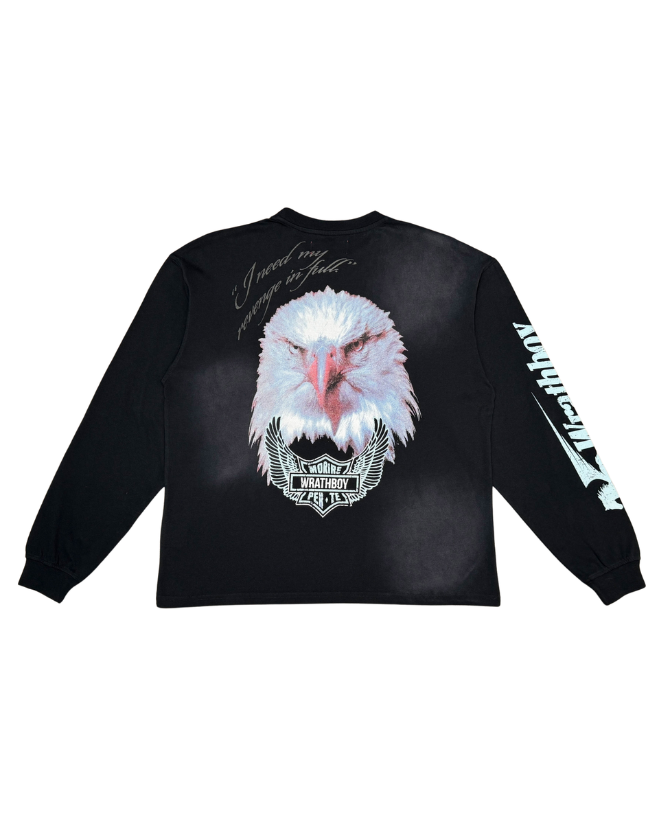 Black long-sleeve shirt with an eagle design on the back, displayed against a white background.