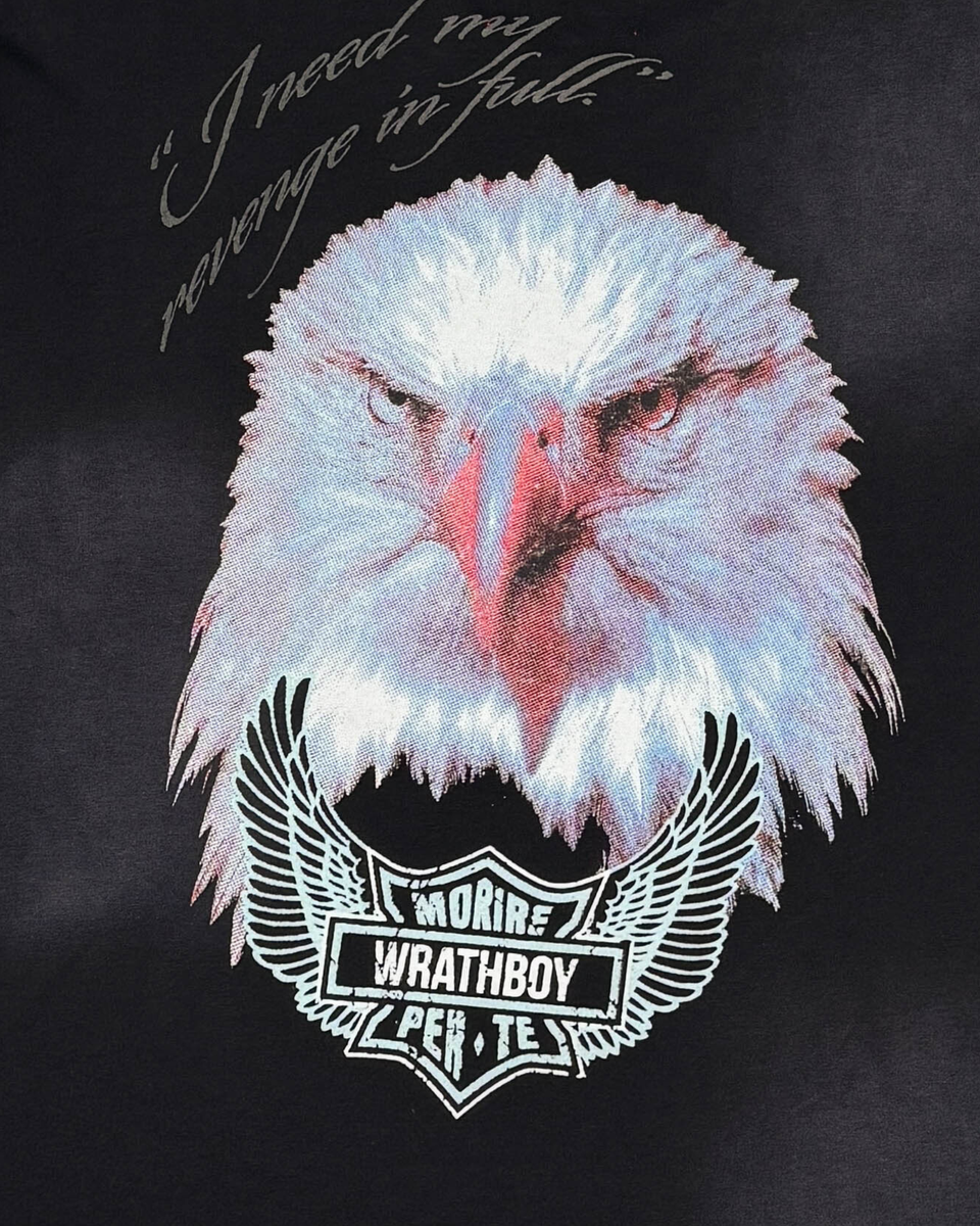 Black t-shirt with a graphic of an eagle and text on a dark background
