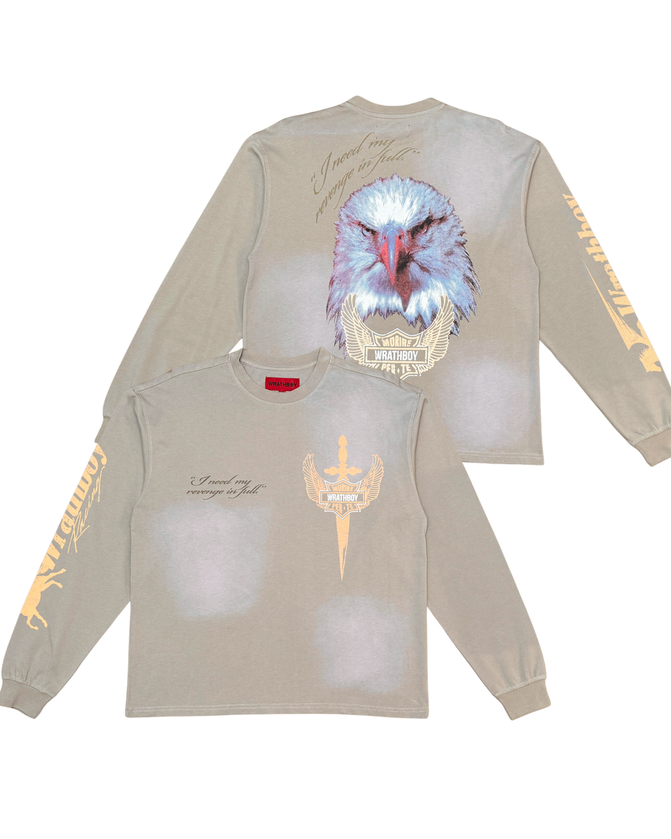 Beige long-sleeve shirt with graphic design on a white background