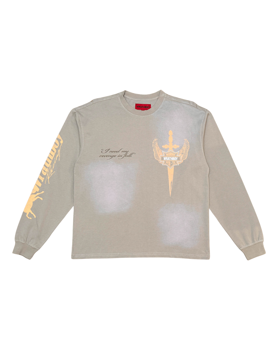Beige long-sleeve shirt with gold graphics and text on a white background