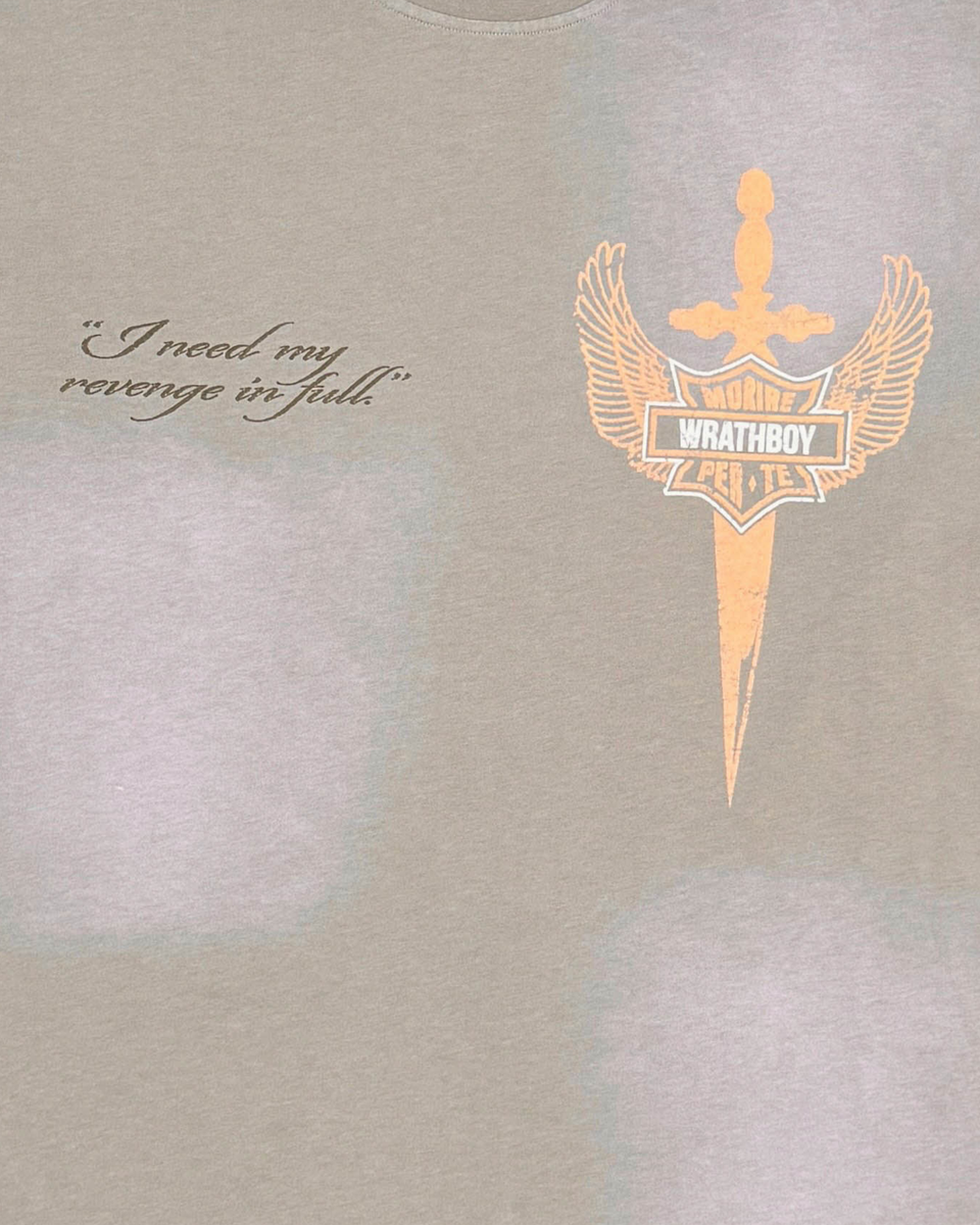 Gray t-shirt with a sword design and text on a light gray background