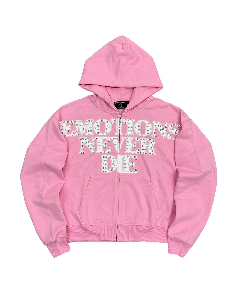 Pink hoodie with text on a white background