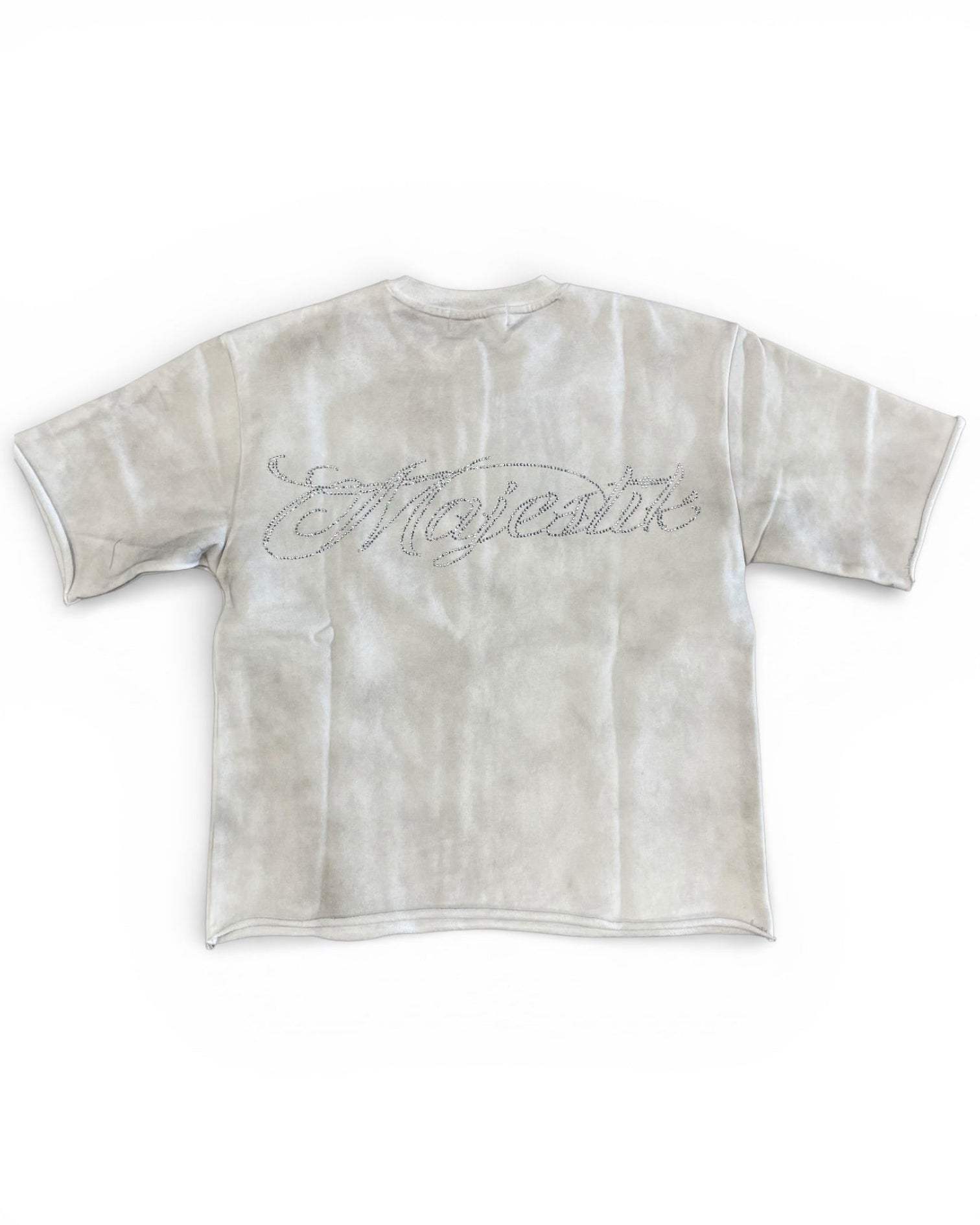 White tie-dye t-shirt with 'MAJESTIK' text on a white background