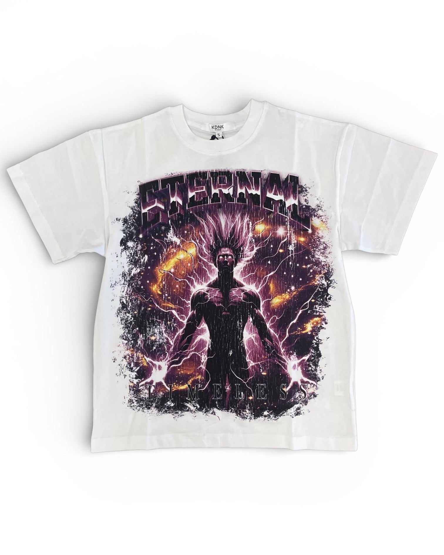 White t-shirt with a graphic design of a character in a superhero pose on a white background