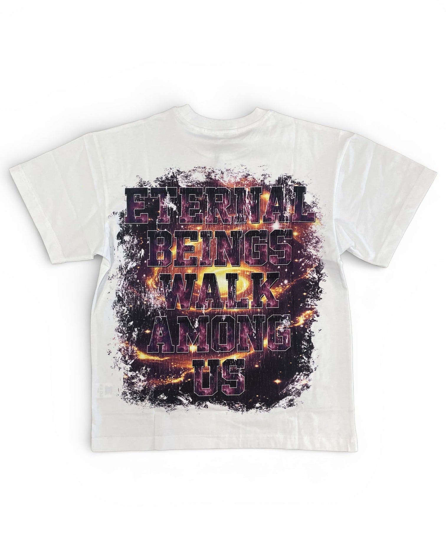 White t-shirt with a graphic design and text on a white background