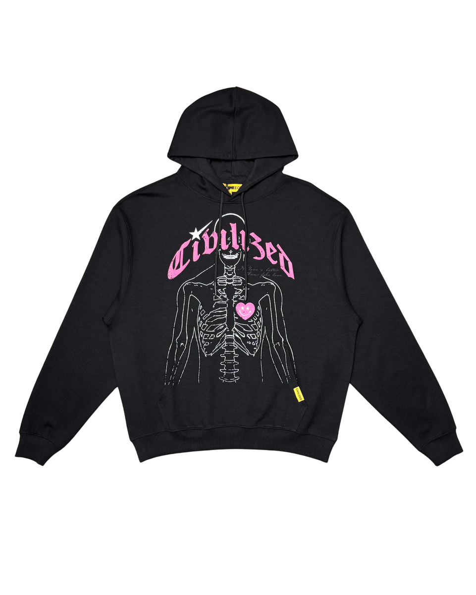 Black hoodie with skeleton design and 'Civilized' text on a white background