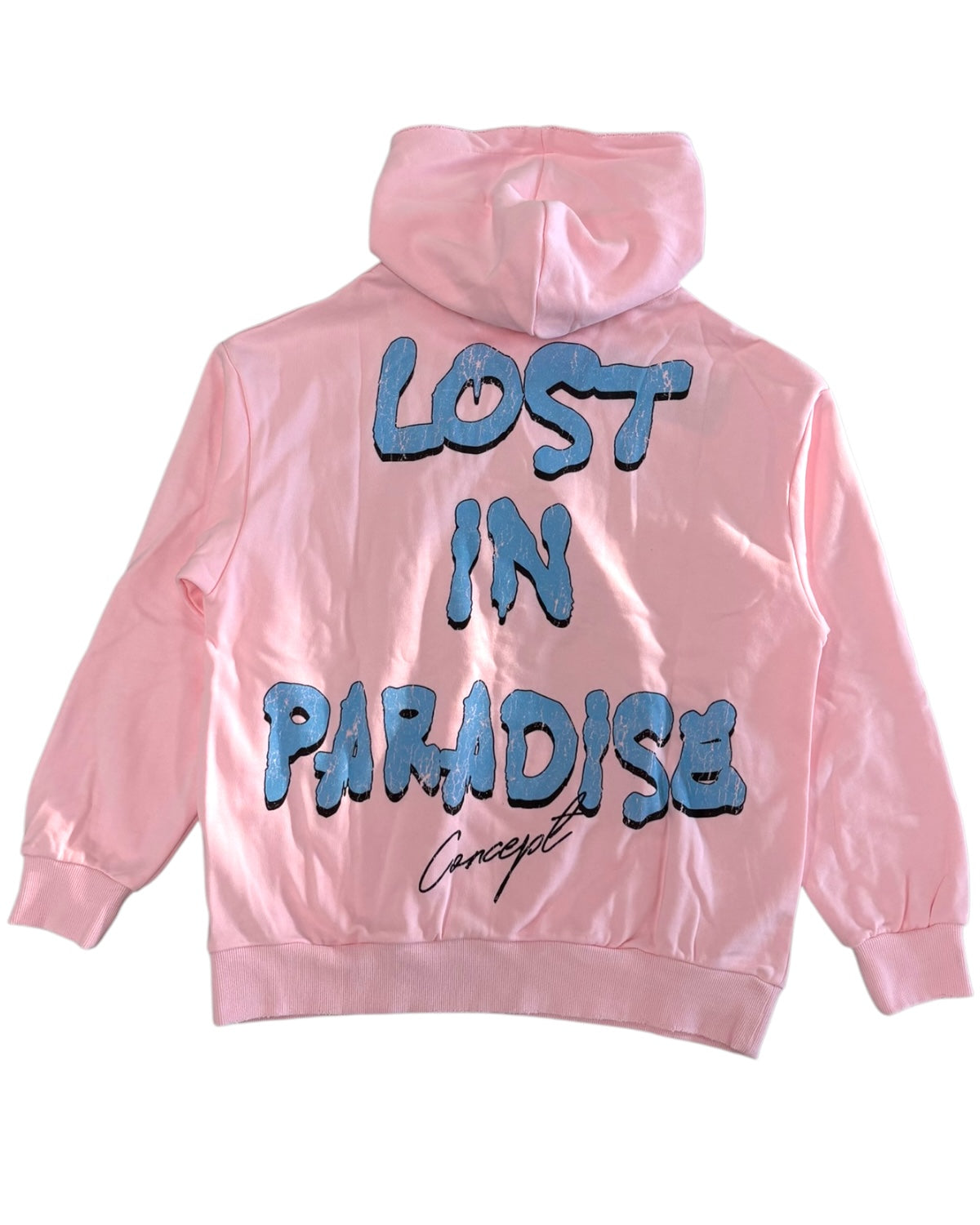 Pink hoodie with blue text 'Lost in Paradise Concept' on a white background