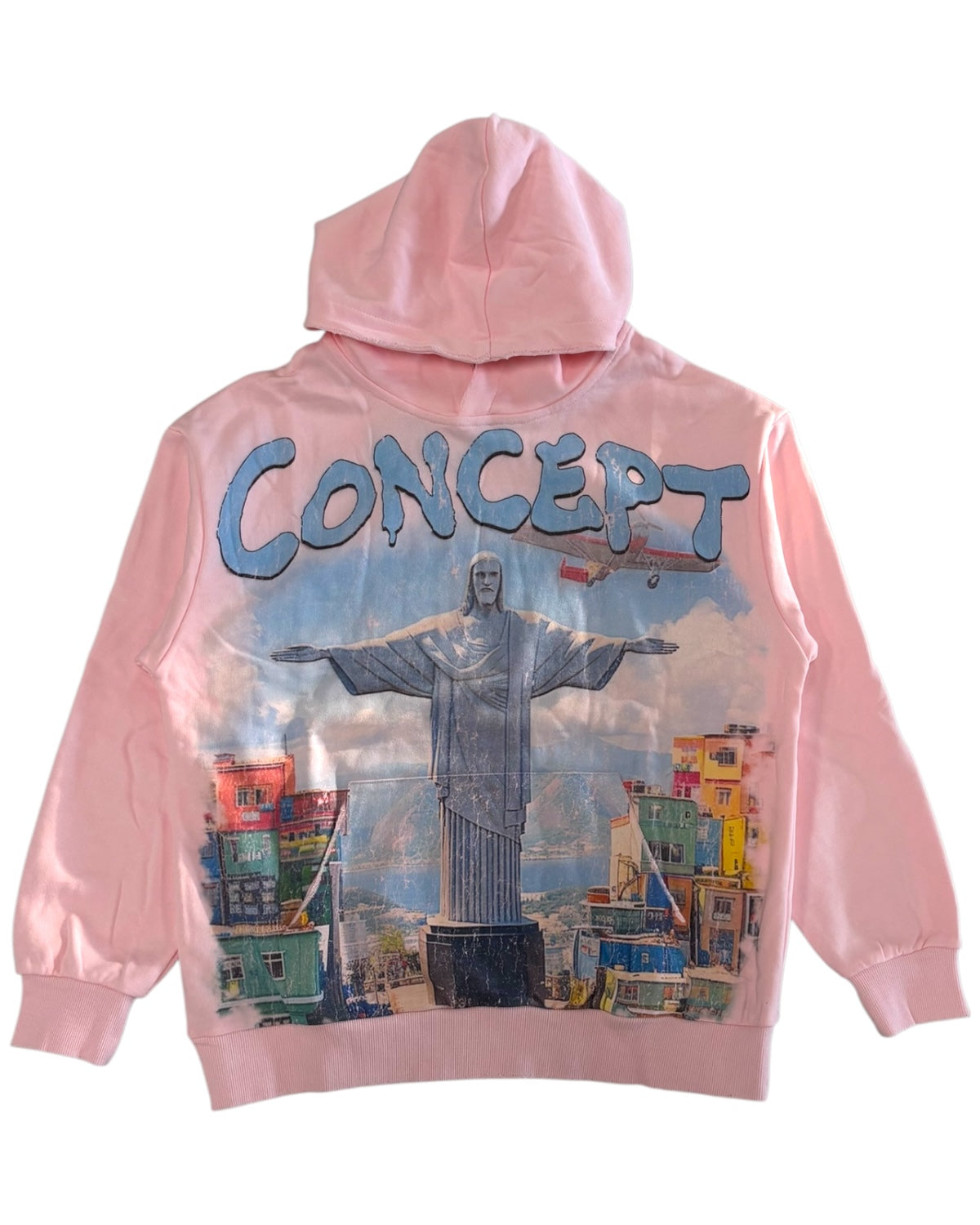 Pink hoodie with 'CONCEPT' and statue of Christ the Redeemer design on a white background