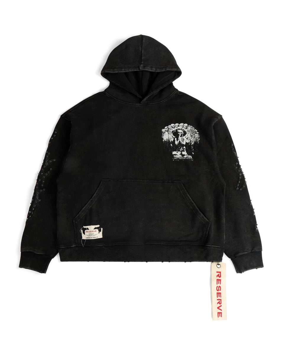 Black hoodie with a graphic design on a white background