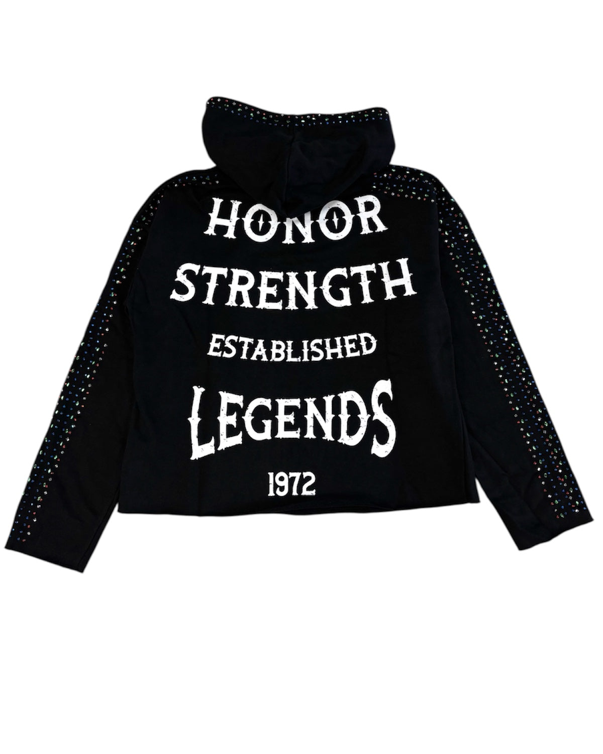 Black jacket with white text on a white background