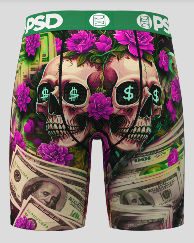 Boxer briefs with skull and dollar bill design on a white background