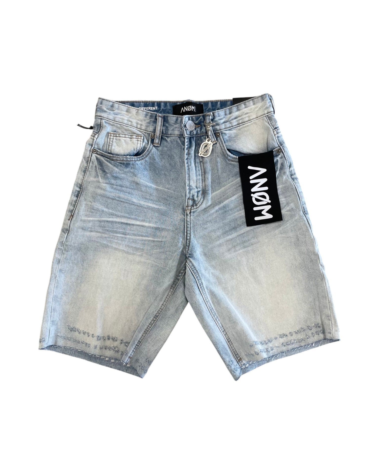Light blue denim shorts with a brand label on a white background