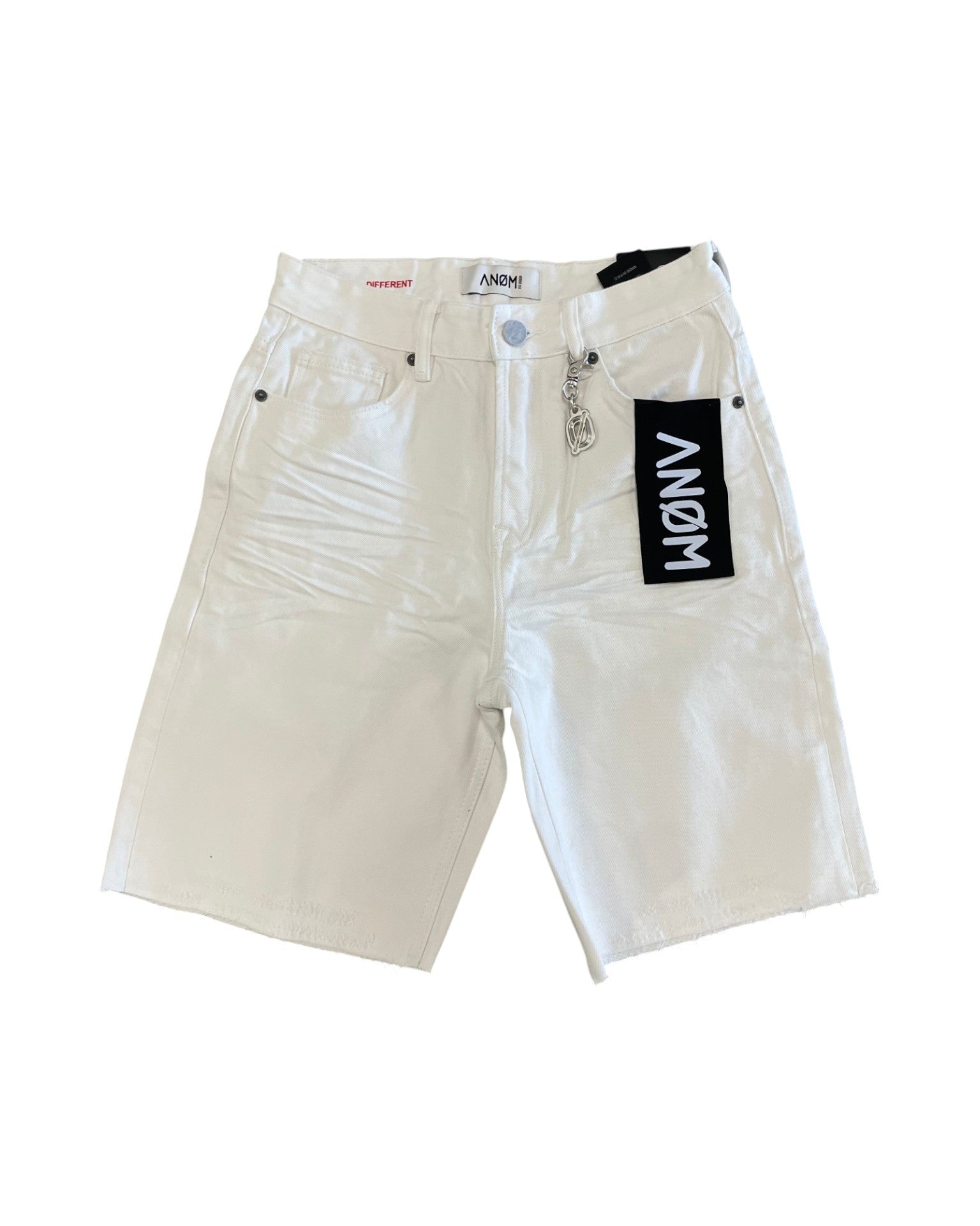 White denim shorts with a brand logo on a white background