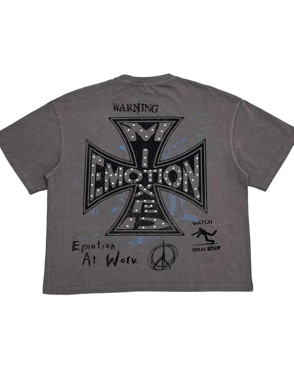 Gray t-shirt with black graphic design on the back on a white background