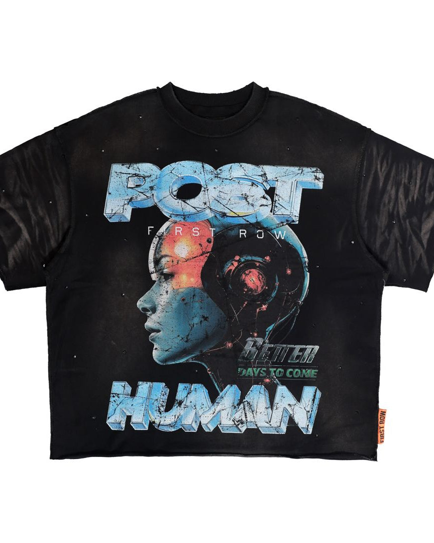 front view of a Black t-shirt with a futuristic design featuring a face and text on a white background