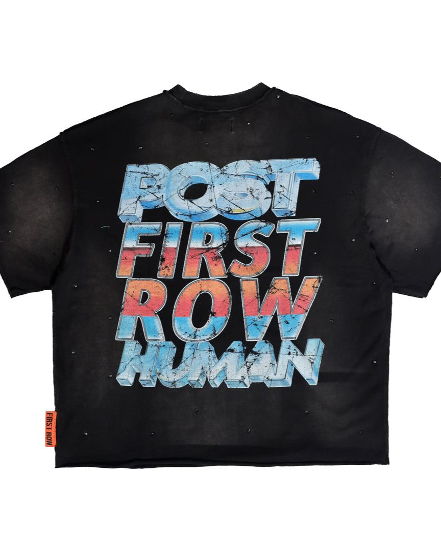 back view of a Black t-shirt with colorful text design on a white background