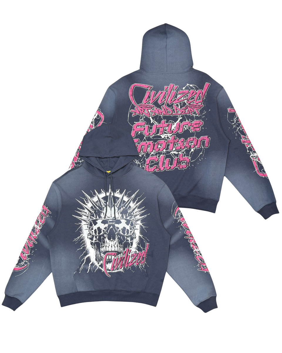 Gray hoodie with pink and white graphics on a white background